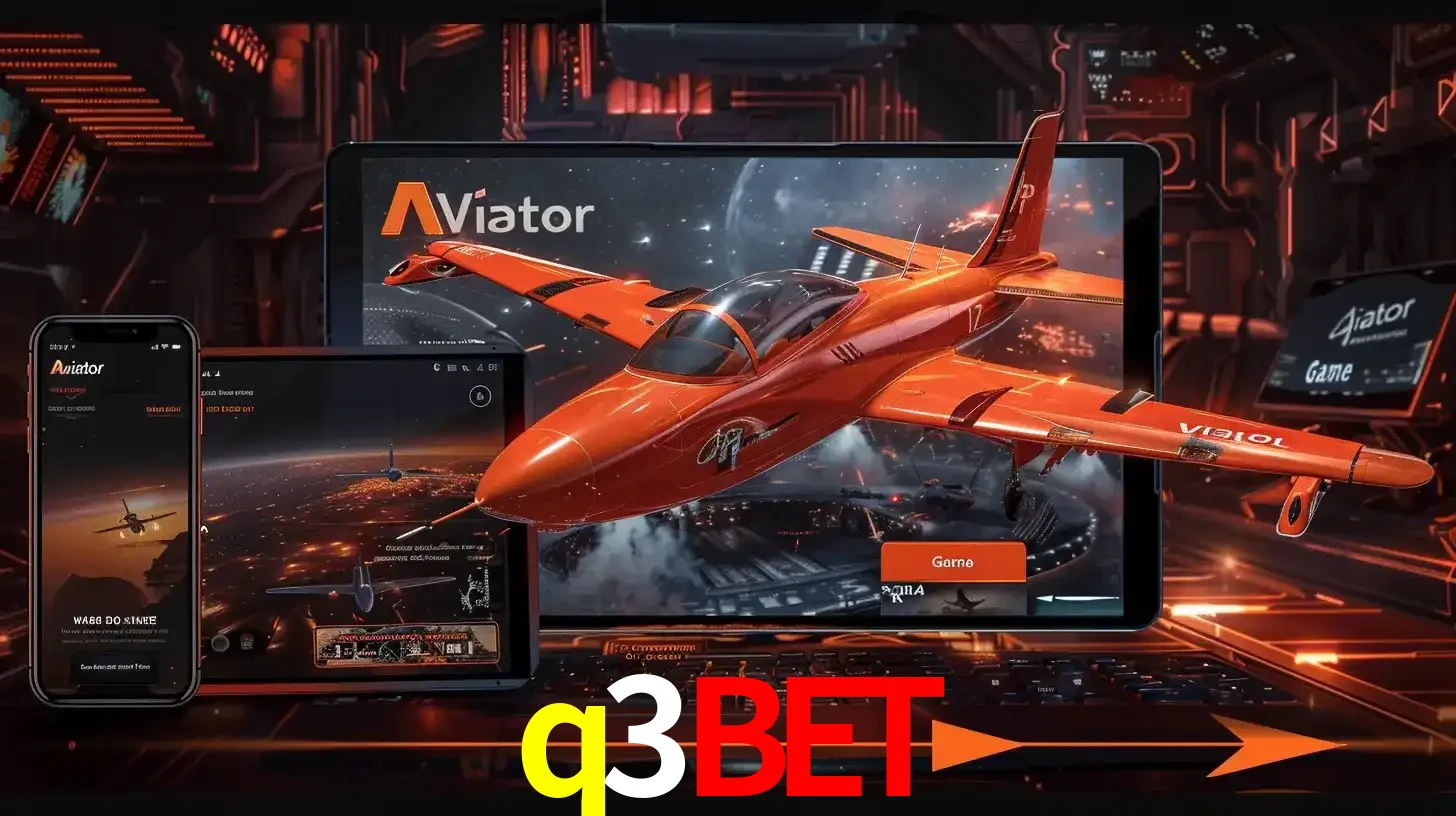 Apresentação tecnológica do jogo Aviator com um avião saindo da tela de um tablet, demonstrando a experiência imersiva em múltiplos dispositivos no q3bet.