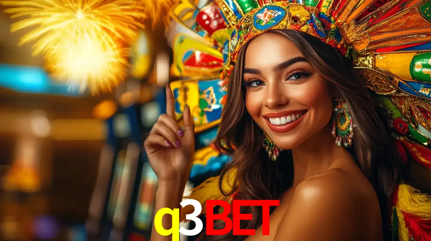 Mulher sorridente com um cocar de carnaval vibrante e colorido, celebrando uma grande vitória nos jogos do cassino q3bet com fogos de artifício ao fundo.