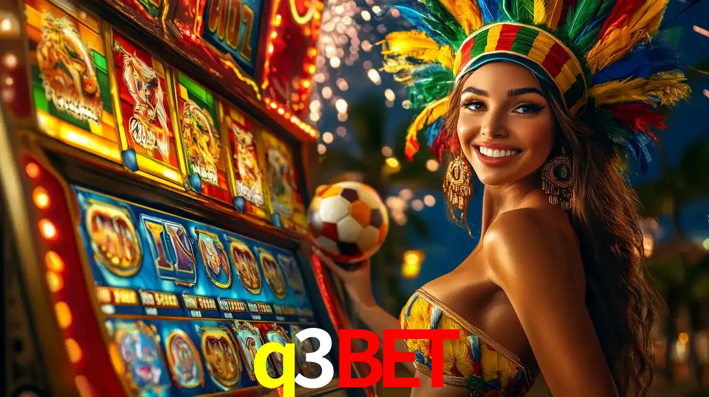 Mulher com um cocar de carnaval ao lado de uma máquina de caça-níqueis enquanto segura uma bola de futebol, mostrando a união da diversão de cassino e esportes no q3bet.