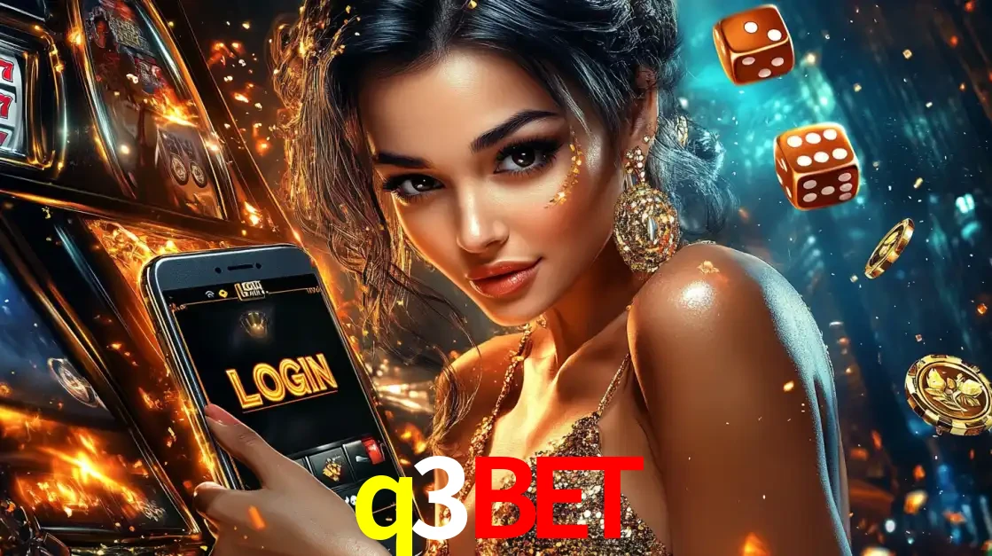 Mulher glamourosa segurando um celular com a tela de login do cassino q3bet, rodeada por dados e moedas douradas, pronta para começar a diversão.