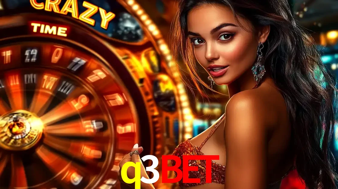 Mulher ao lado da roda de prêmios do jogo de cassino ao vivo Crazy Time, um dos shows de jogos mais emocionantes oferecidos pela plataforma de apostas q3bet.