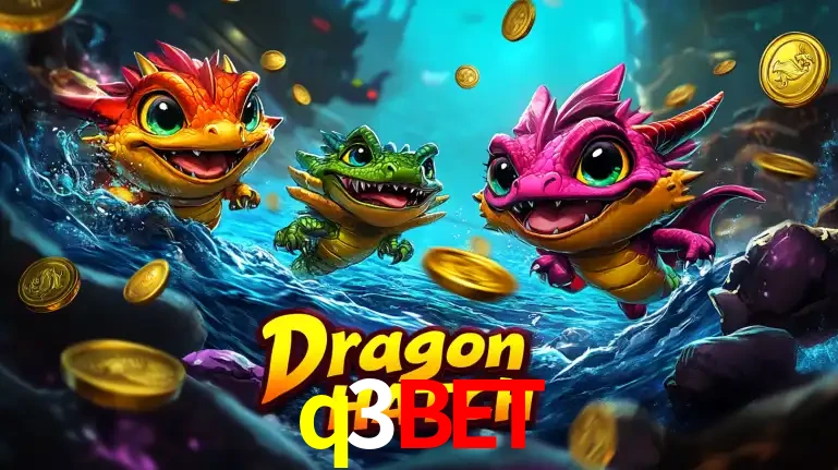Arte promocional do jogo Dragon Hatch com três adoráveis dragões bebês nadando entre moedas de ouro, um dos slots mais divertidos para jogar no cassino q3bet.