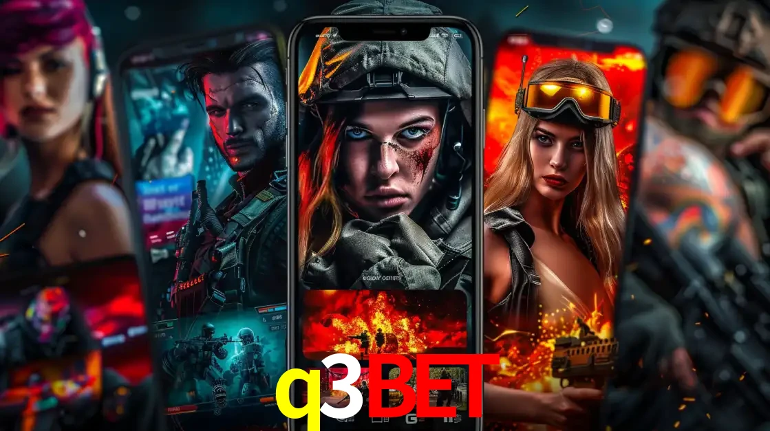 Montagem de telas de celular mostrando diversos personagens, masculinos e femininos, de um jogo de tiro, ilustrando a diversidade de equipes de e-sports para apostar no q3bet.