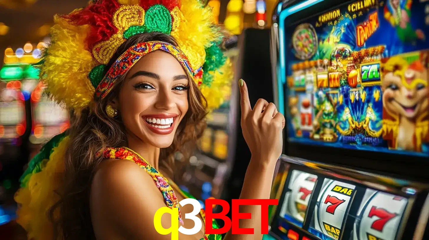 Mulher animada com um cocar de carnaval apontando para uma máquina de caça-níqueis, mostrando a emoção de ganhar um grande prêmio nos jogos do q3bet.