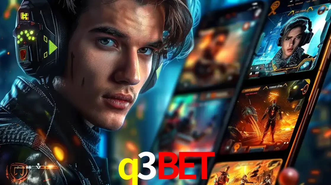 Jovem jogador com fones de ouvido olhando para a câmera, com um aplicativo de jogos e e-sports para celular ao fundo, pronto para a competição e apostas no q3bet.