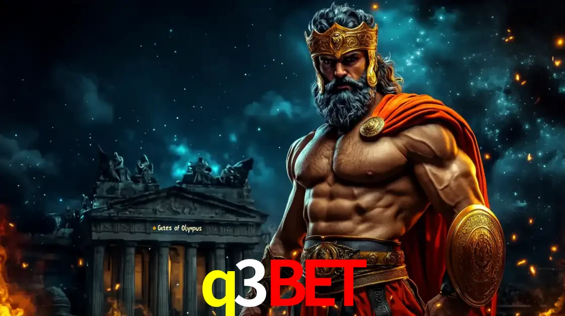 O poderoso Zeus do jogo de slot Gates of Olympus em frente ao seu templo, pronto para lançar multiplicadores divinos e prêmios épicos no cassino online q3bet.
