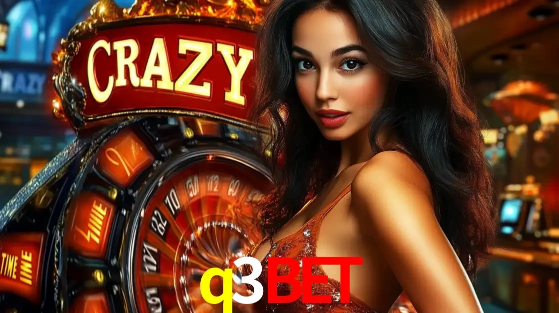 Mulher glamourosa olhando para a câmera com a roda vermelha do Crazy Time ao fundo em um ambiente de cassino, destacando a emoção dos jogos ao vivo no q3bet.