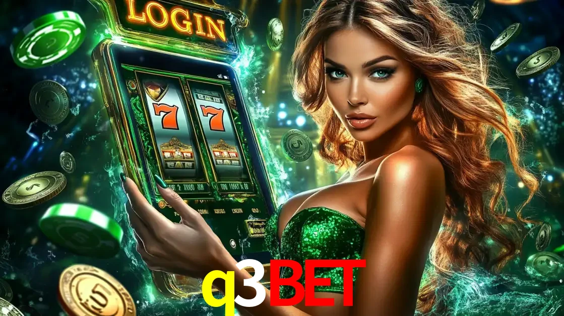 Mulher com tema verde apresentando o aplicativo do cassino q3bet com um jogo de slot de 777, cercada por fichas de cassino e uma aura de sorte.