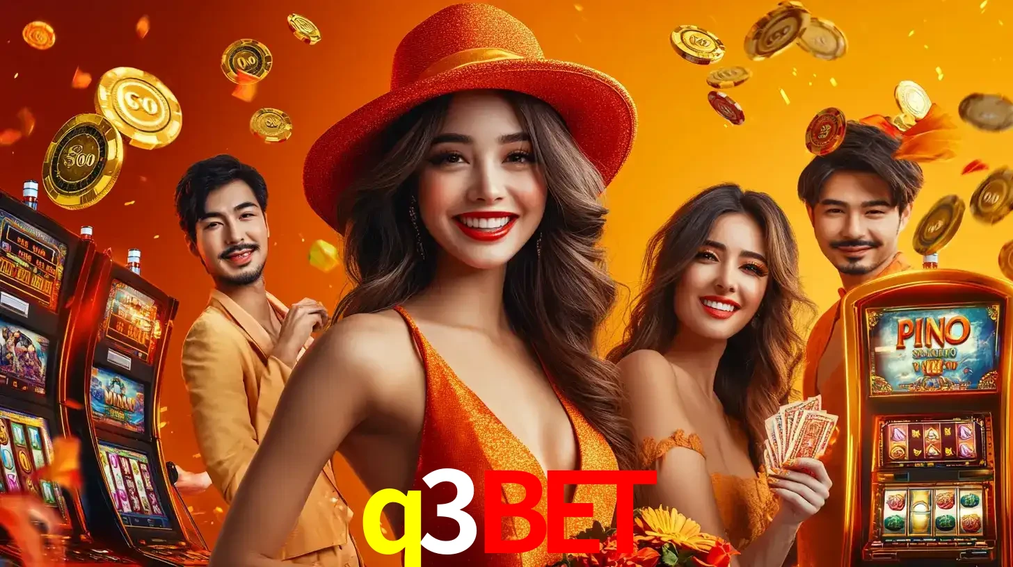 Grupo de amigos asiáticos sorrindo e se divertindo com máquinas de caça-níqueis em um ambiente festivo, celebrando suas vitórias nos jogos de cassino do q3bet.