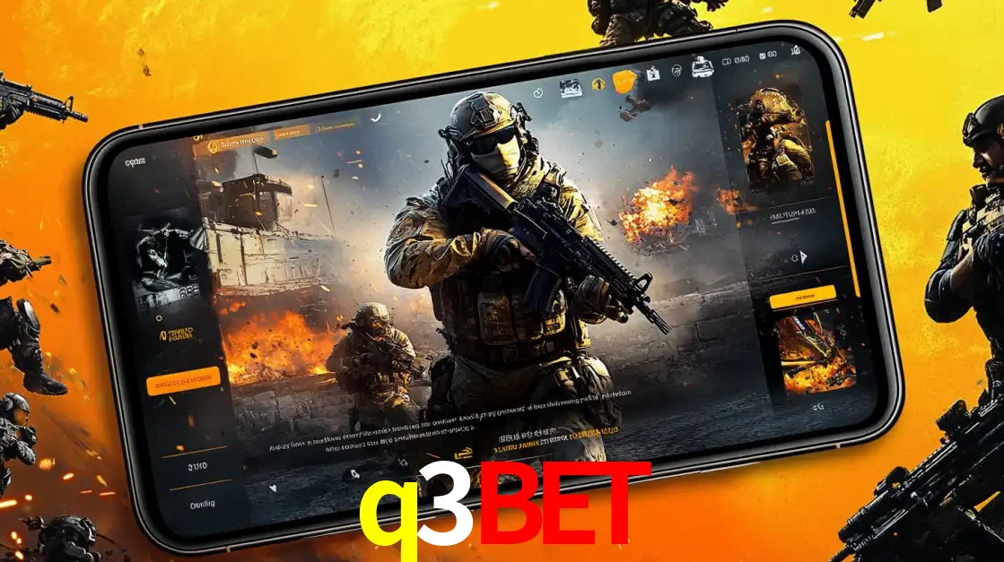Um smartphone exibindo a interface de um jogo de tiro em primeira pessoa, com um soldado em um cenário de batalha, representando a ação dos e-sports para apostar no q3bet.