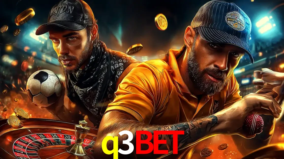 Montagem de apostas esportivas e cassino no q3bet, com um homem segurando uma bola de futebol e outro uma de beisebol sobre uma roleta e moedas voadoras.