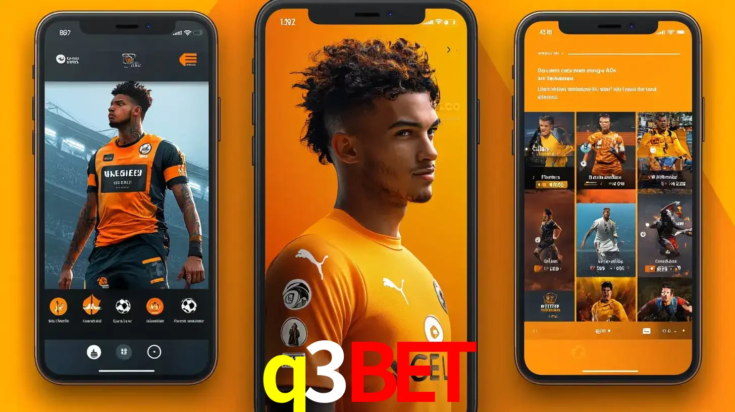 Interface do aplicativo de apostas esportivas q3bet em três telas de celular, mostrando o perfil de um jogador de futebol e a lista de jogos disponíveis para apostar.