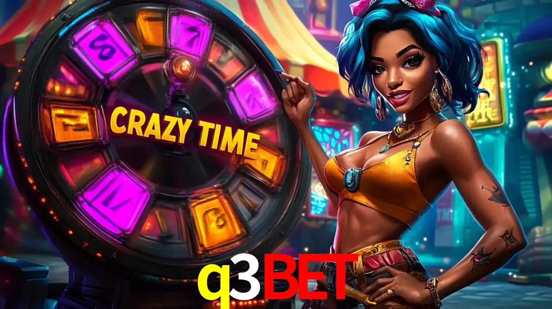 Mulher estilizada com cabelo azul e visual vibrante posando ao lado da roda de prêmios do game show Crazy Time, convidando para a diversão e os bônus do cassino q3bet.