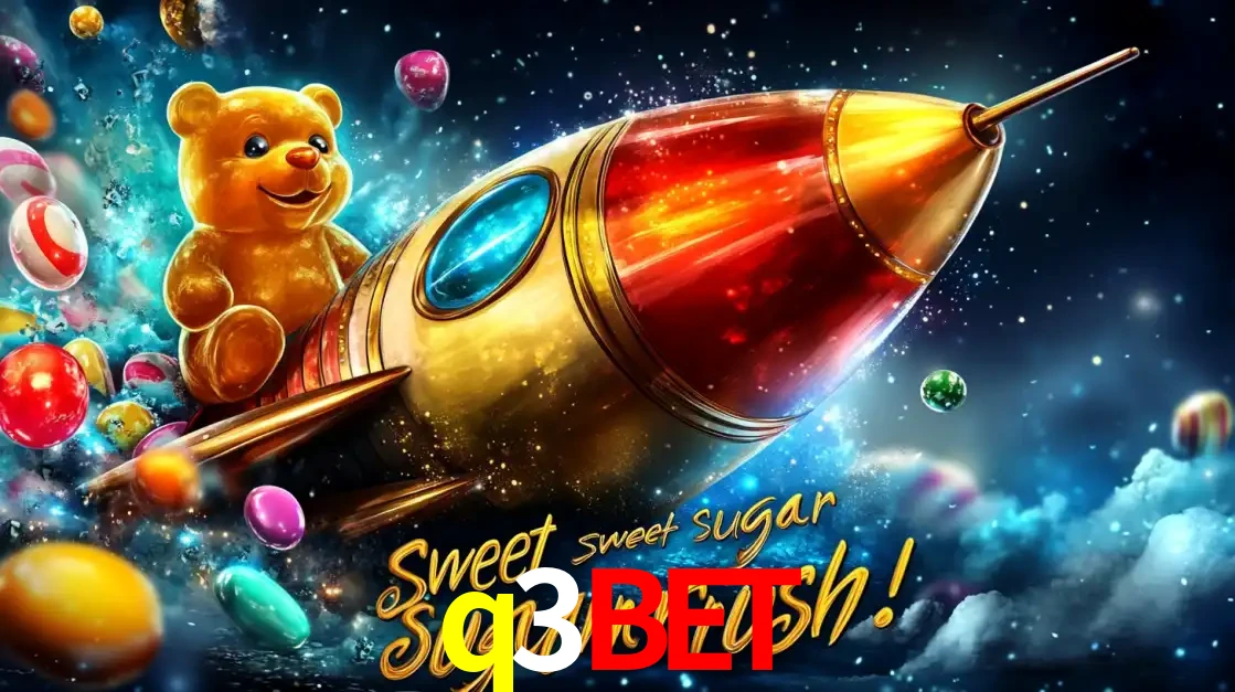 Arte promocional do jogo de slot Sugar Rush, com um urso de pelúcia em um foguete viajando pelo espaço de doces, um dos jogos divertidos disponíveis no cassino q3bet.