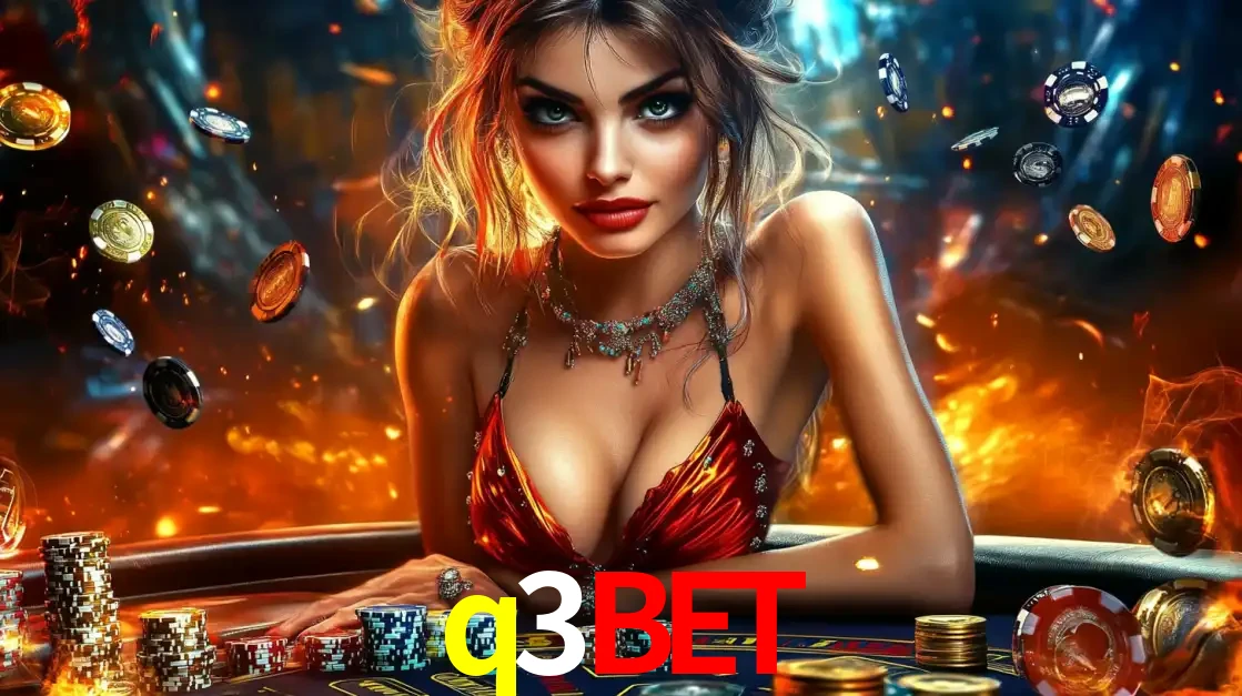 Mulher em uma mesa de cassino com pilhas de fichas e um fundo de fogo, pronta para uma rodada de altas apostas nos jogos de mesa emocionantes do cassino q3bet.