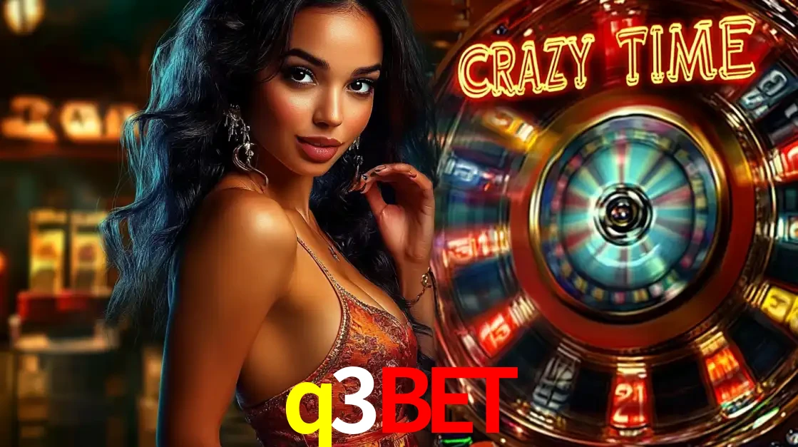 Mulher elegante ao lado da vibrante roda da fortuna do jogo de cassino ao vivo Crazy Time, um dos game shows mais populares e cheios de prêmios do q3bet.