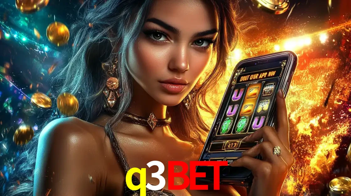 Mulher elegante mostrando um jogo de caça-níqueis em seu smartphone, destacando a experiência de cassino móvel oferecida pelo aplicativo q3bet.