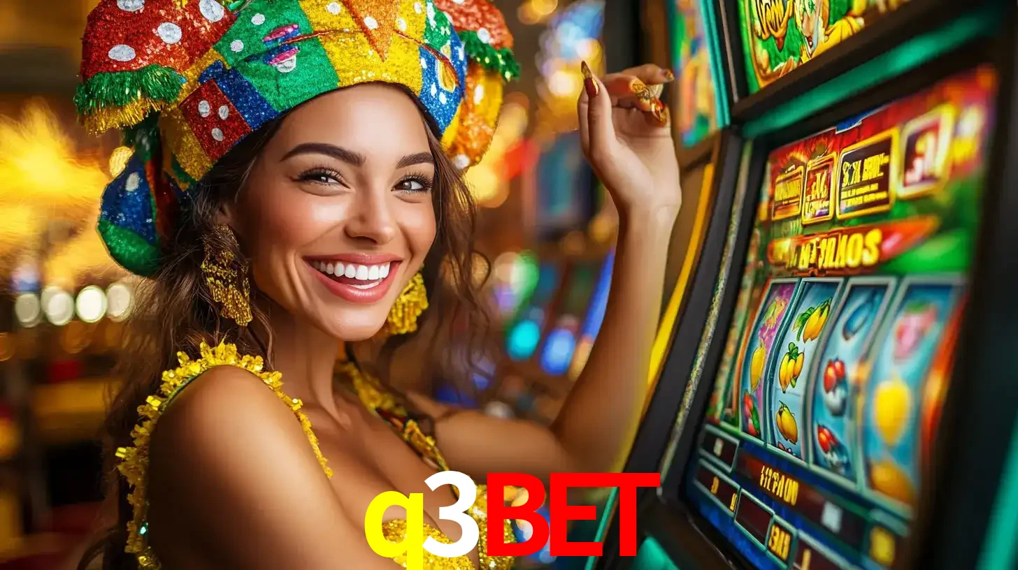 Mulher feliz com traje de carnaval amarelo e colorido ao lado de uma máquina de caça-níqueis, aproveitando a diversão e os jogos temáticos do cassino q3bet.