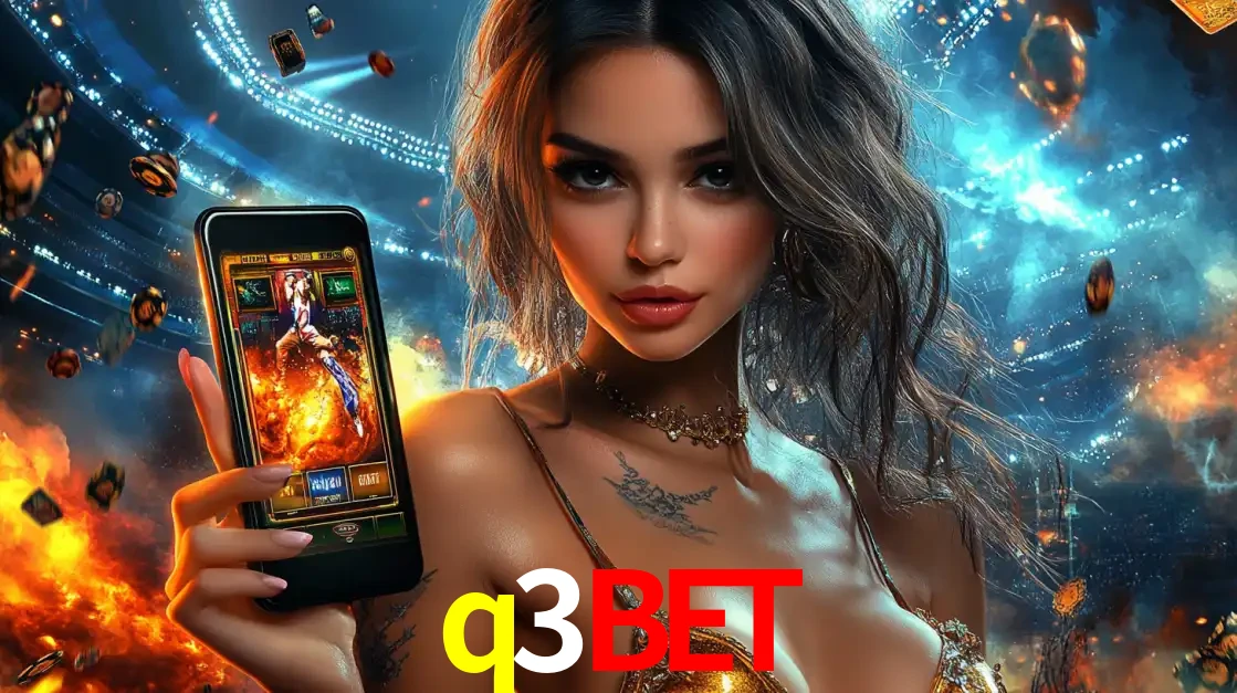 Mulher segurando um celular com um jogo de slot em destaque, tendo como fundo um estádio vibrante, simbolizando a emoção de jogar no cassino móvel q3bet.