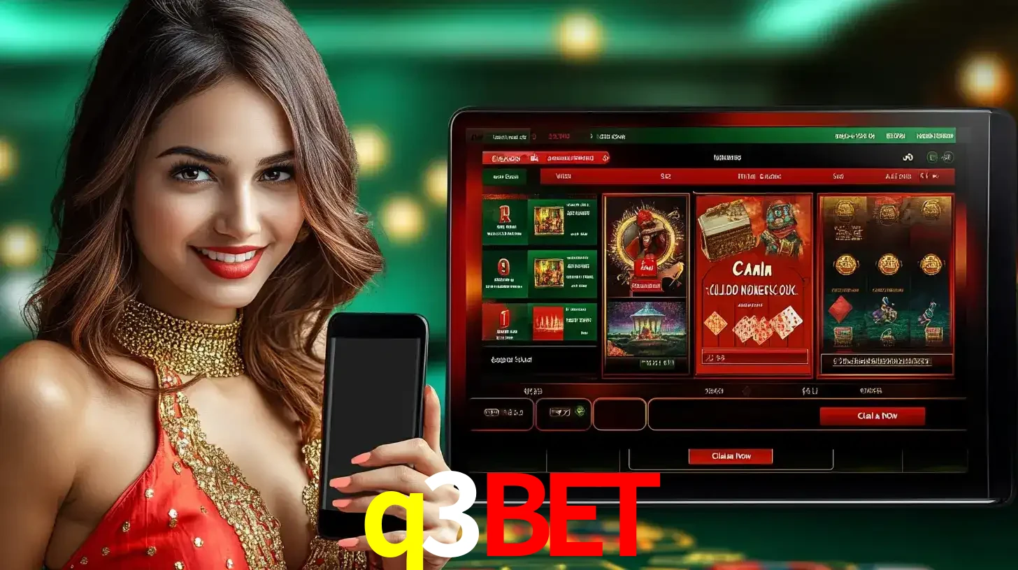 Mulher sorridente segurando um smartphone, ao lado de uma tela exibindo o lobby de jogos do cassino online q3bet, com várias opções de jogos de cartas e slots.